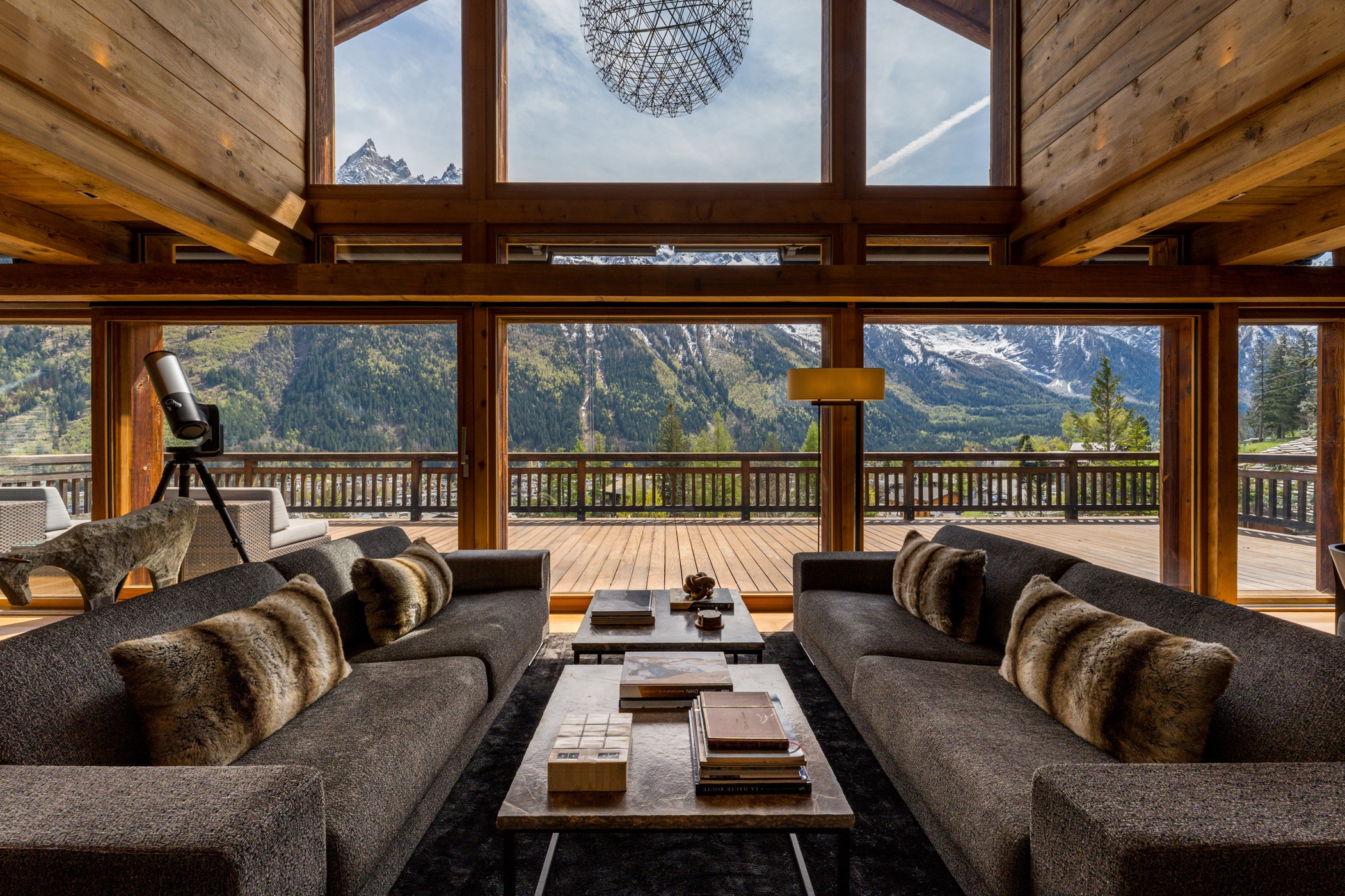 luxury chalet interiors living room mountain view juliette byrne interior design
